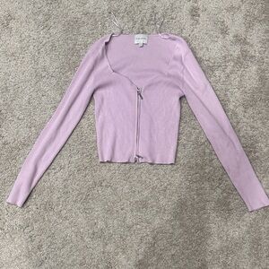 Pink Rose Lavender Ribbed Zip-Up Scoop Neck Top